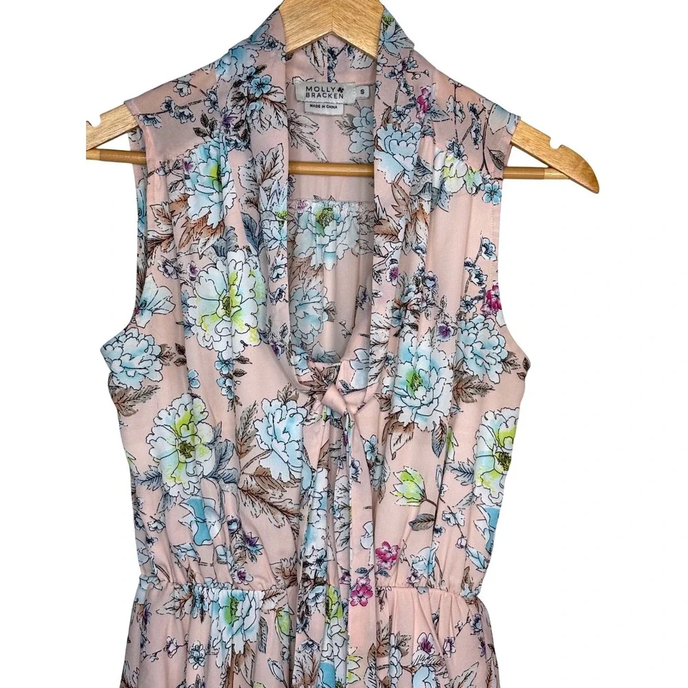 Molly Bracken Floral Tie Neck Mini Dress Womens Size S Pink Sleeveless Fit Flare